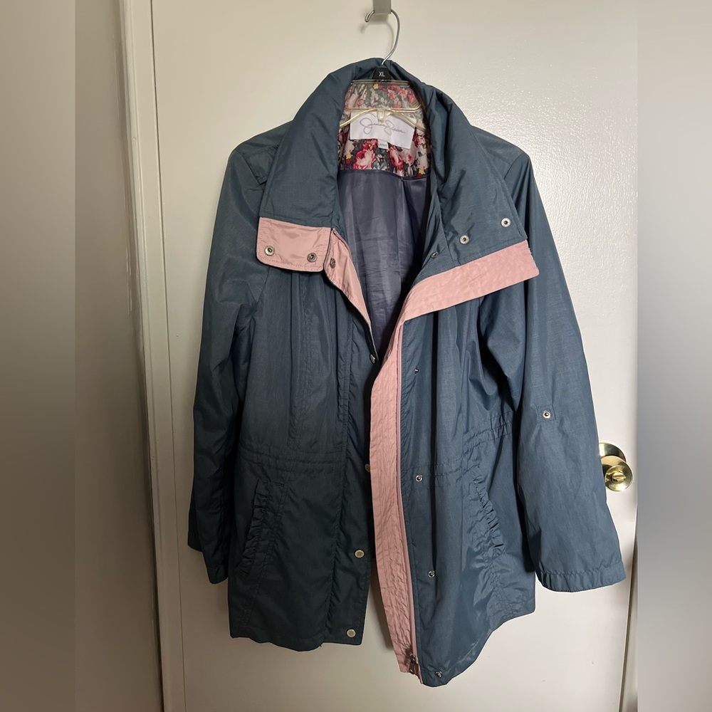 Jessica Simpson Gray-blue and Pink Lightweight Hooded Rain Jacket